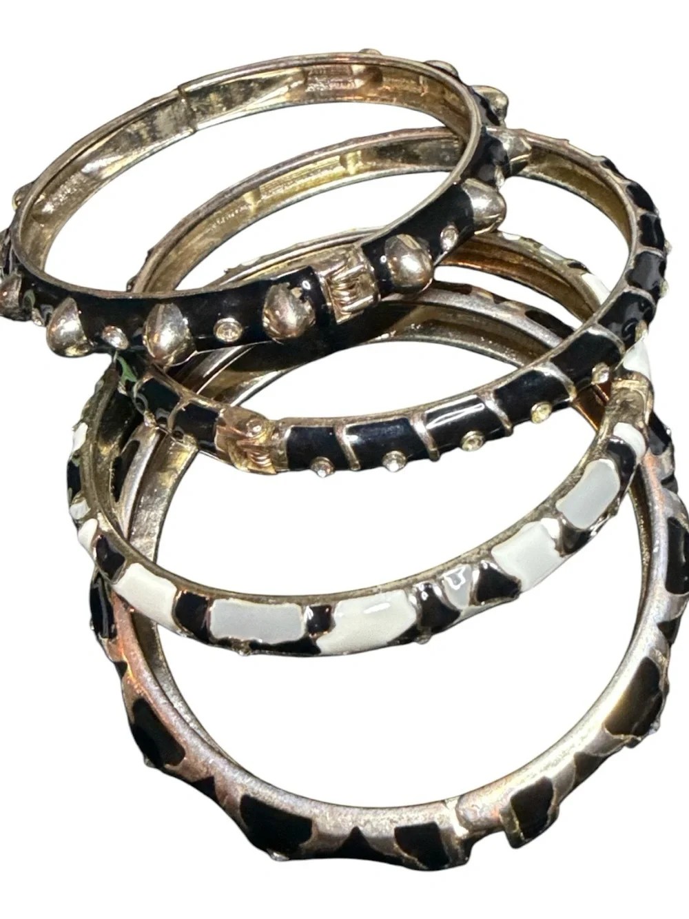 Sequin NYC 4 Pc Hinged Bangle Bracelet Set Black White Enamel Crystal Gold Tone